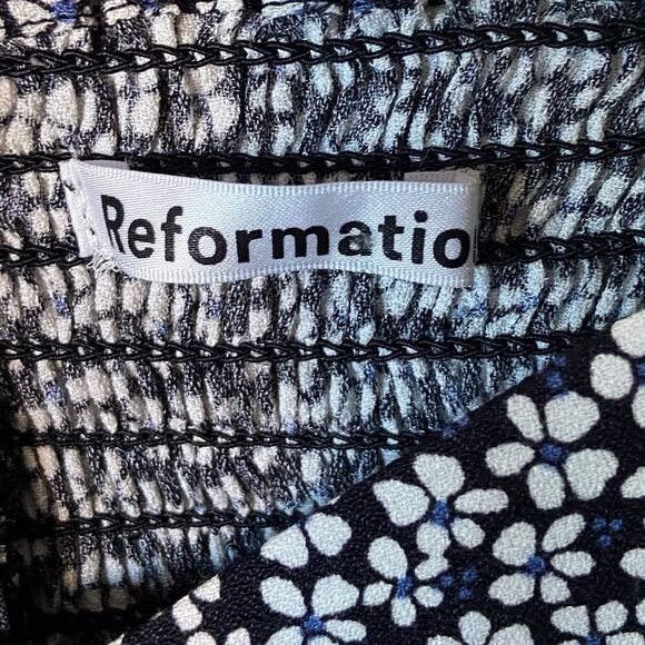 Reformation Mochi Mini Midnight Navy Blue Dress Puff Sleeve Floral Size L - Picture 14 of 14